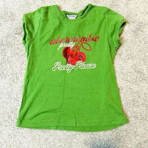 Vintage Abercrombie Kids Girls Women's  Green Cherry T-Shirt Cotton Crewneck Y2K